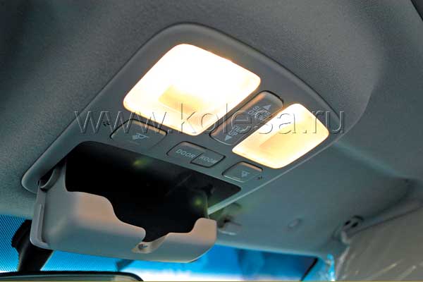 Под потолком - кнопки управления люком и выдвижной контейнер для очков